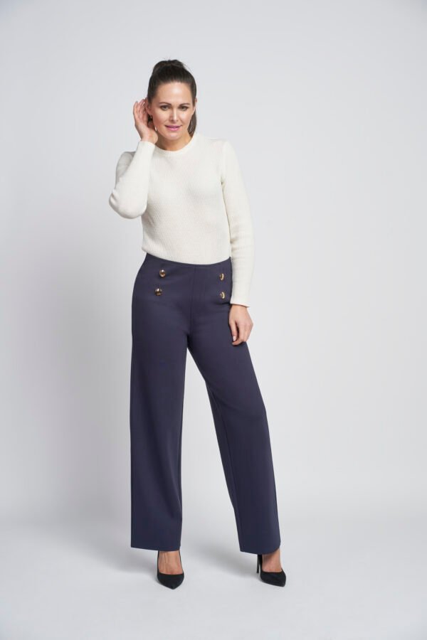 Wide Leg Ponte Trouser with Button Detail Navy Pinns