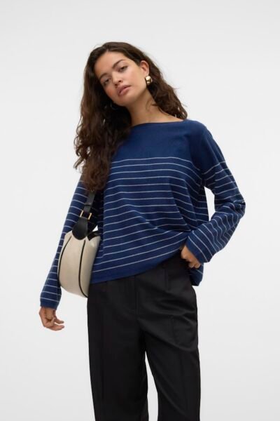 VMJohanna Ls Boatneck Pullover Navy Blazer With Birch Vero Moda