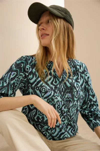 Printed Cotton Blouse Slate Khaki Cecil