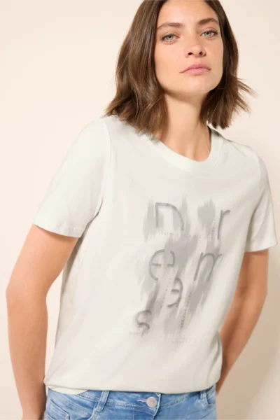 Metallic Foil Front Print T-Shirt Vanilla White Cecil