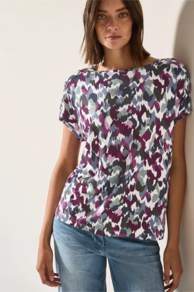 Multi Print Button Shoulder T-Shirt Vanilla White Cecil