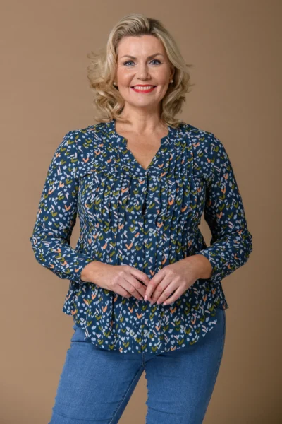 Pintuck Print Top Teal Paco