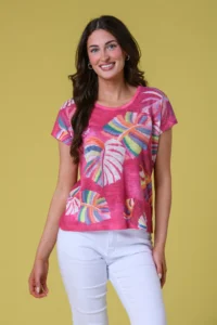 Abstract Palm Print Top Hot Pink Paco