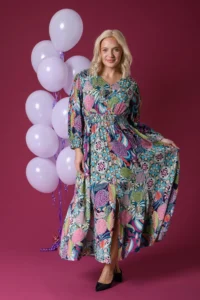 Elastic Waist Feather Print Dress Pruple Multi Paco