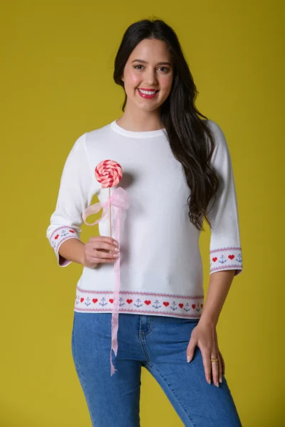 Jaquard Hem Sweater White Paco