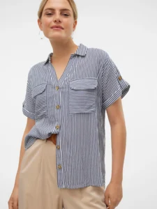 VM Bumpy Short Sleeve Stripe Shirt India Ink with Snow White Vero Moda